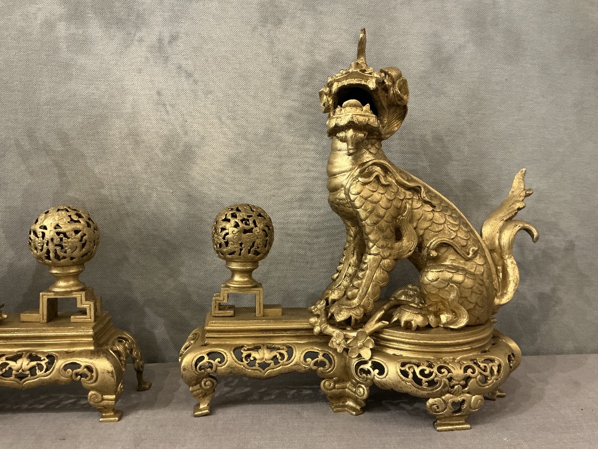 Paire de chenets chiens fô en bronze dorés d’époque 19ème -photo-2