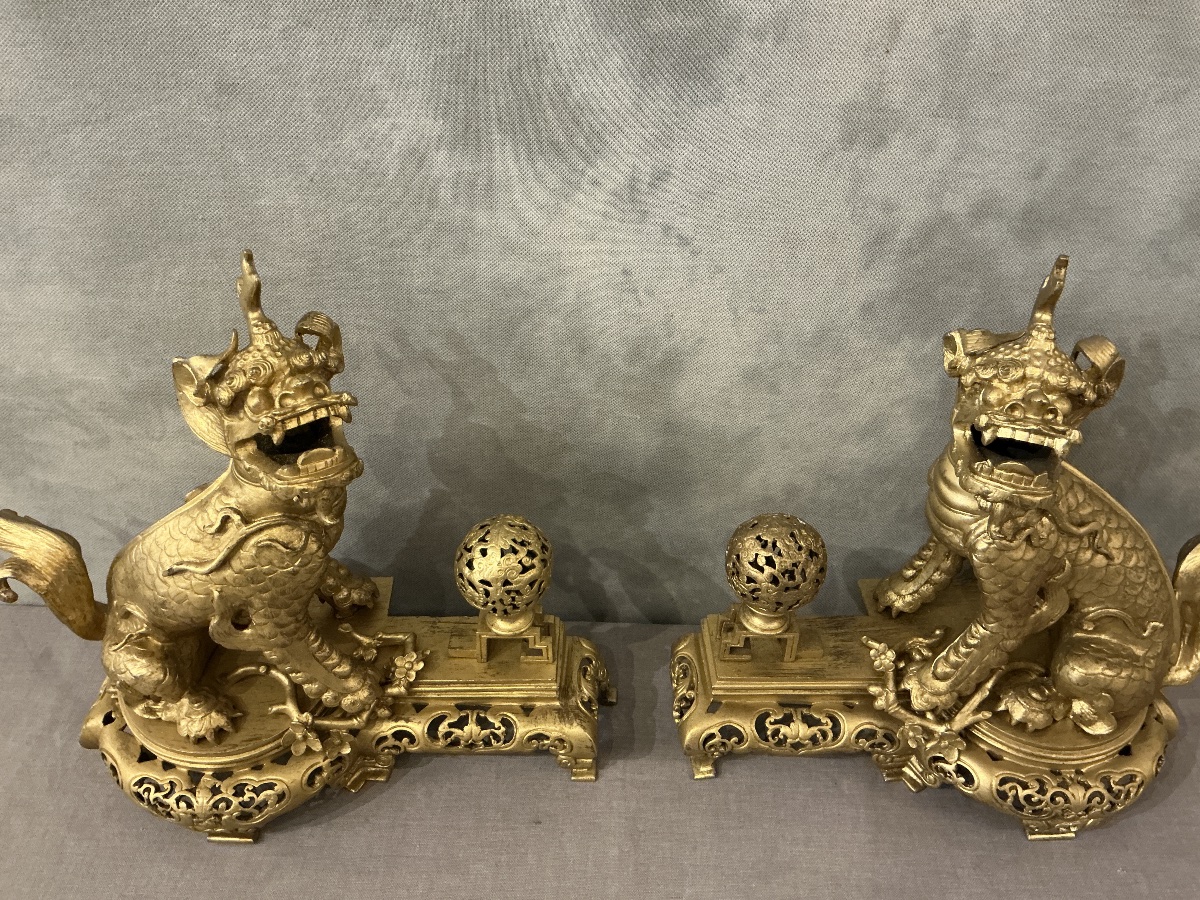 Paire de chenets chiens fô en bronze dorés d’époque 19ème -photo-3