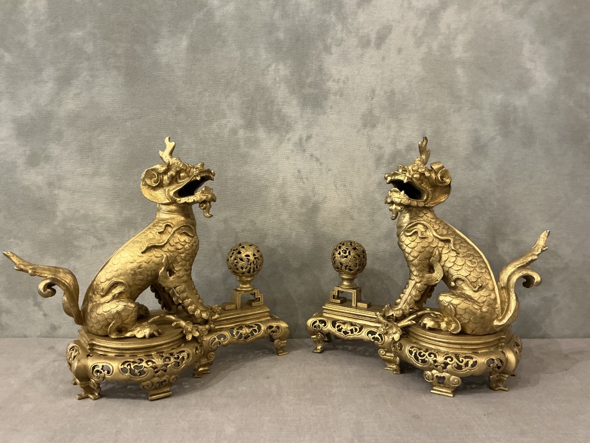 Paire de chenets chiens fô en bronze dorés d’époque 19ème -photo-4