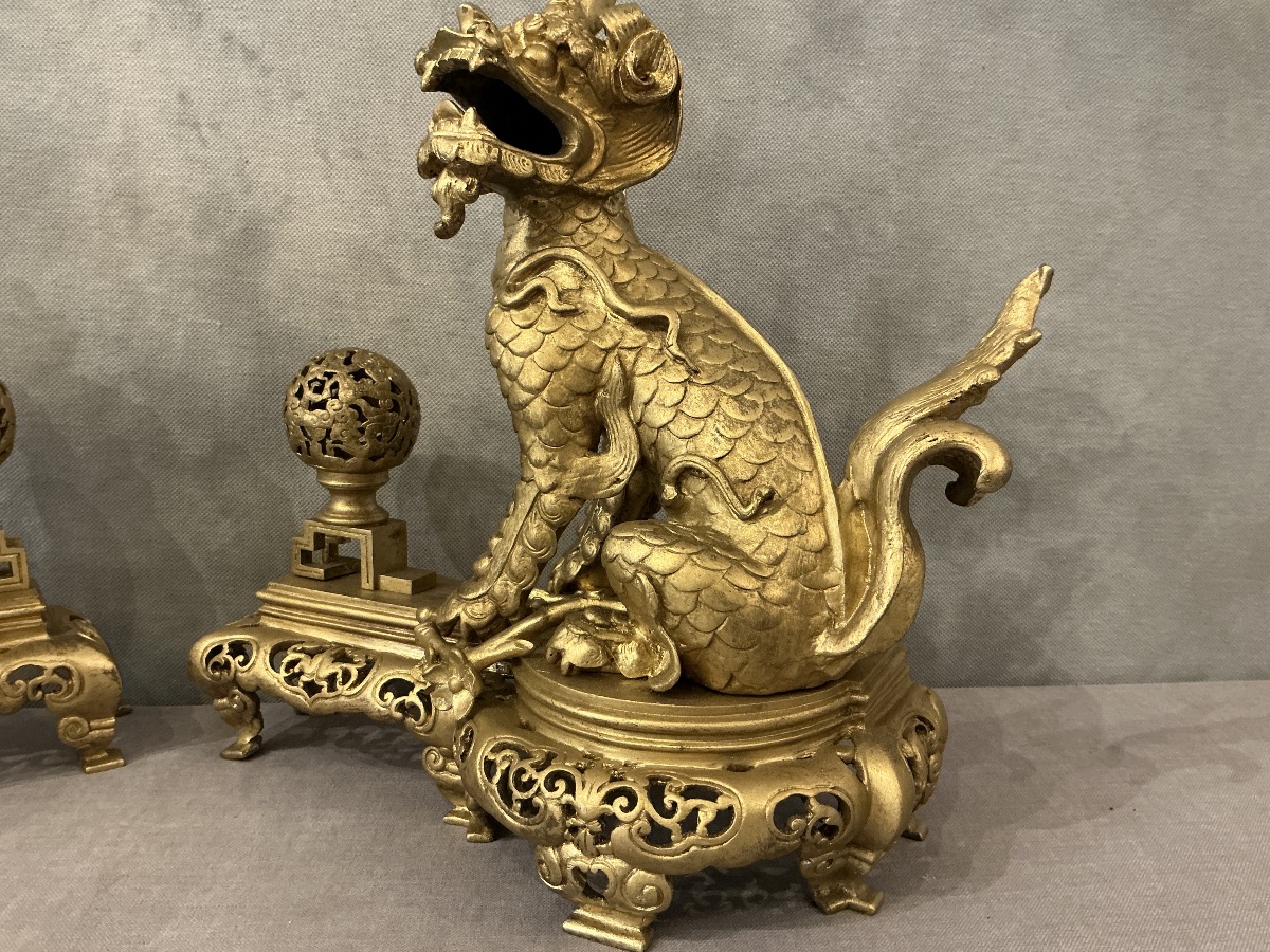 Paire de chenets chiens fô en bronze dorés d’époque 19ème -photo-1