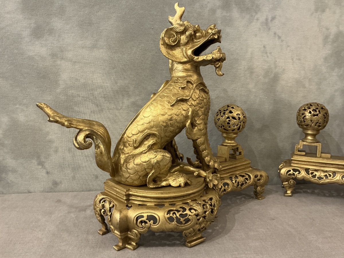 Paire de chenets chiens fô en bronze dorés d’époque 19ème -photo-2