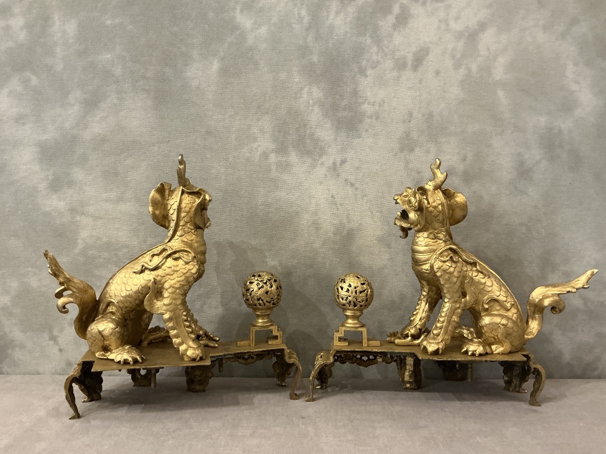 Paire de chenets chiens fô en bronze dorés d’époque 19ème -photo-4