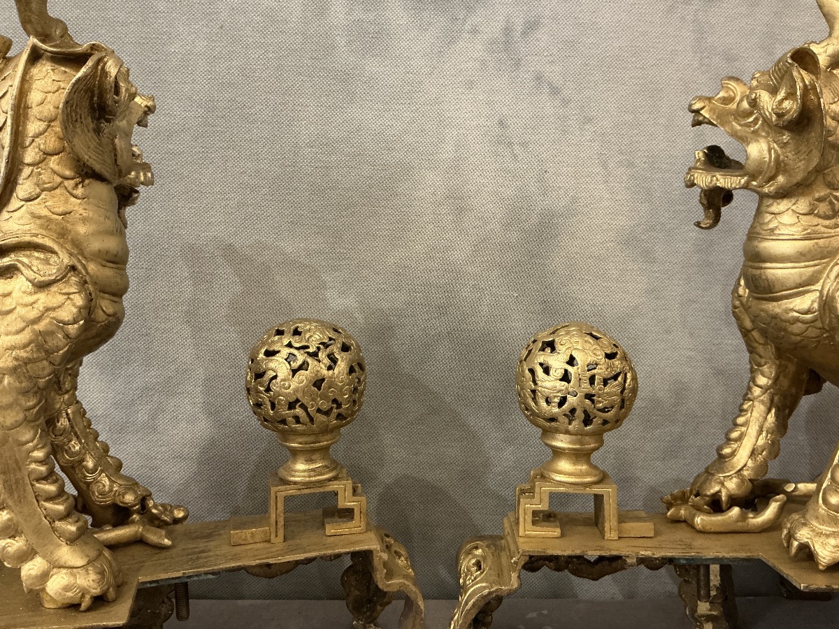 Paire de chenets chiens fô en bronze dorés d’époque 19ème -photo-5