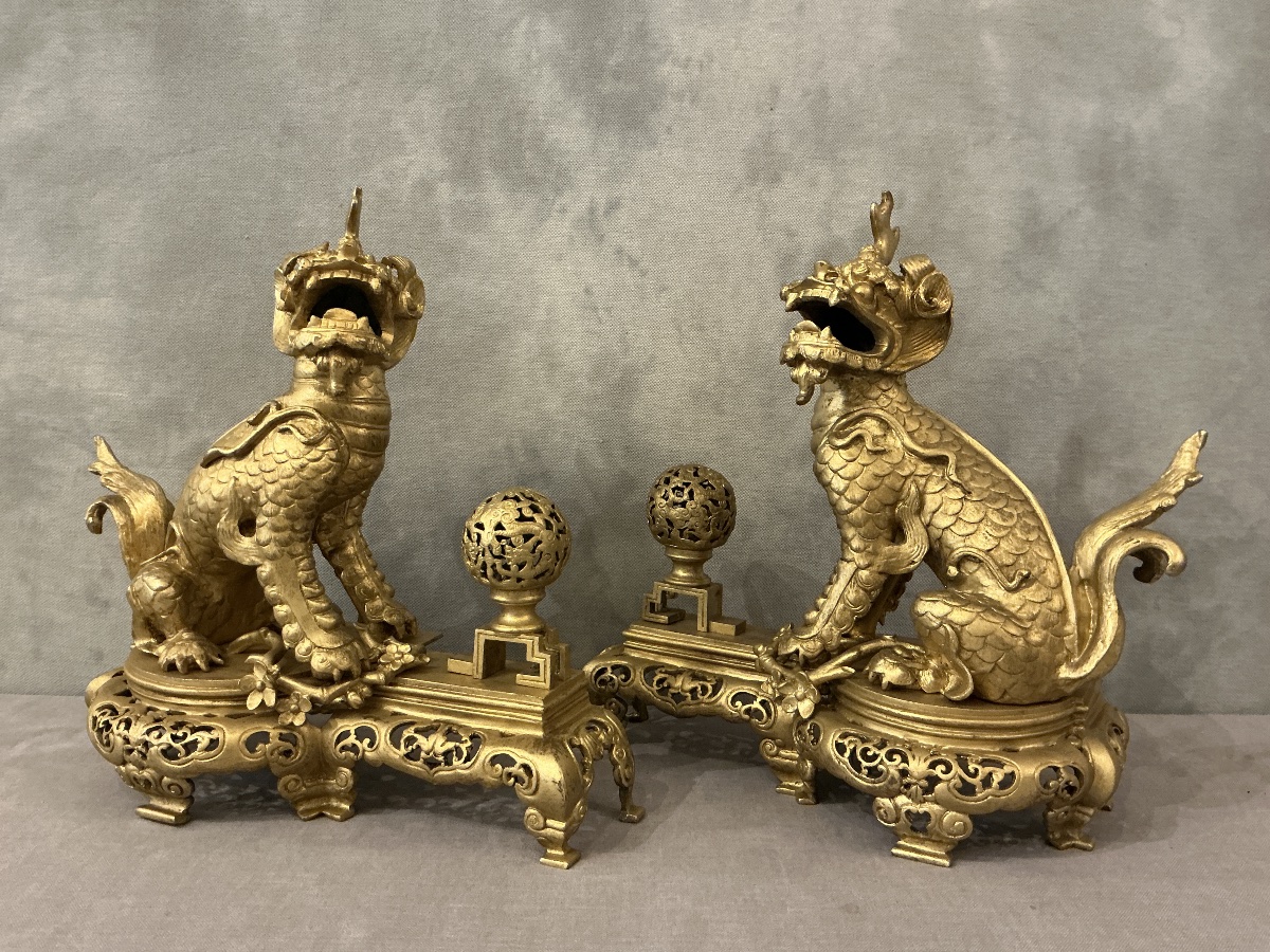 Paire de chenets chiens fô en bronze dorés d’époque 19ème -photo-6
