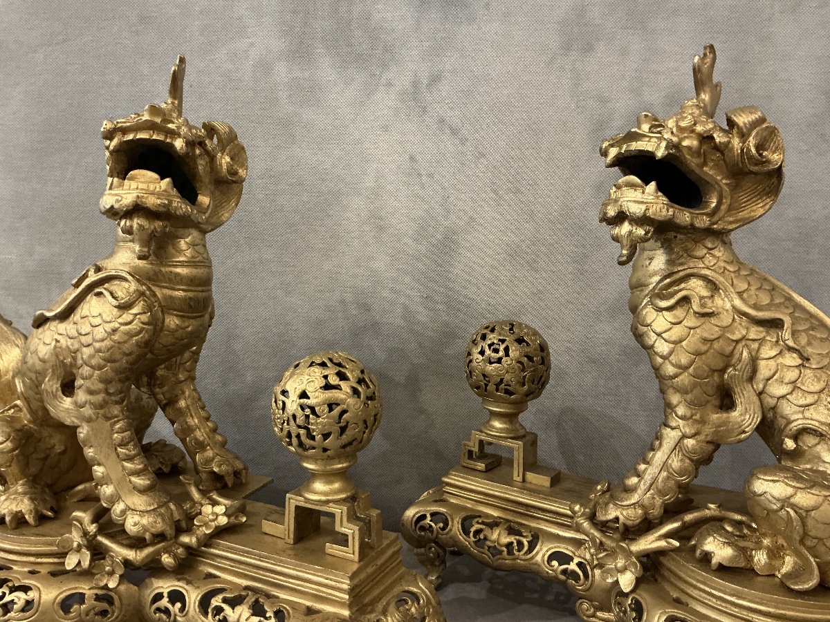 Paire de chenets chiens fô en bronze dorés d’époque 19ème -photo-7