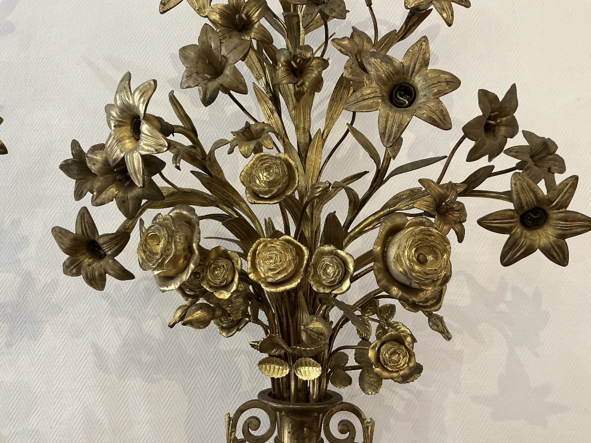 Paire de grands bouquets fleuris en laiton d’époque 19 ème -photo-2