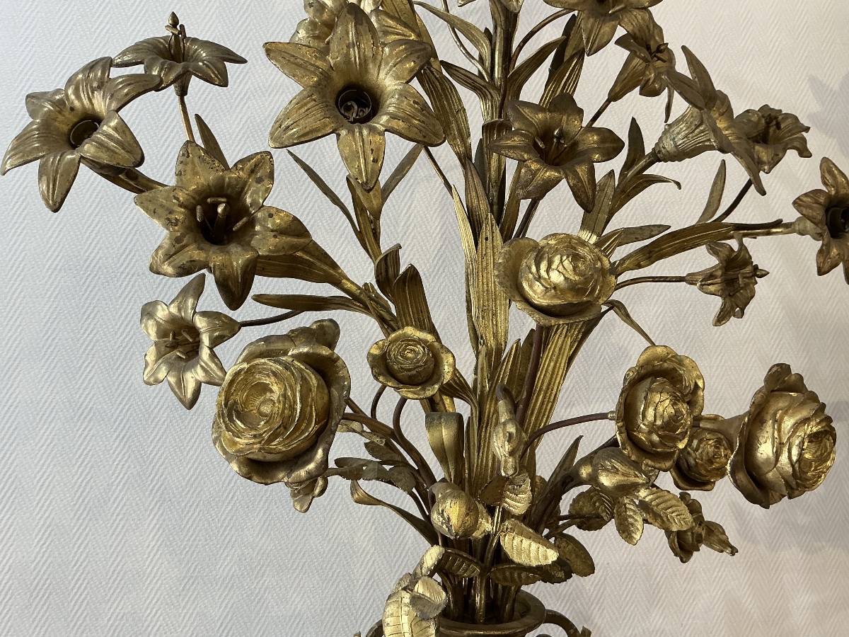Paire de grands bouquets fleuris en laiton d’époque 19 ème -photo-4