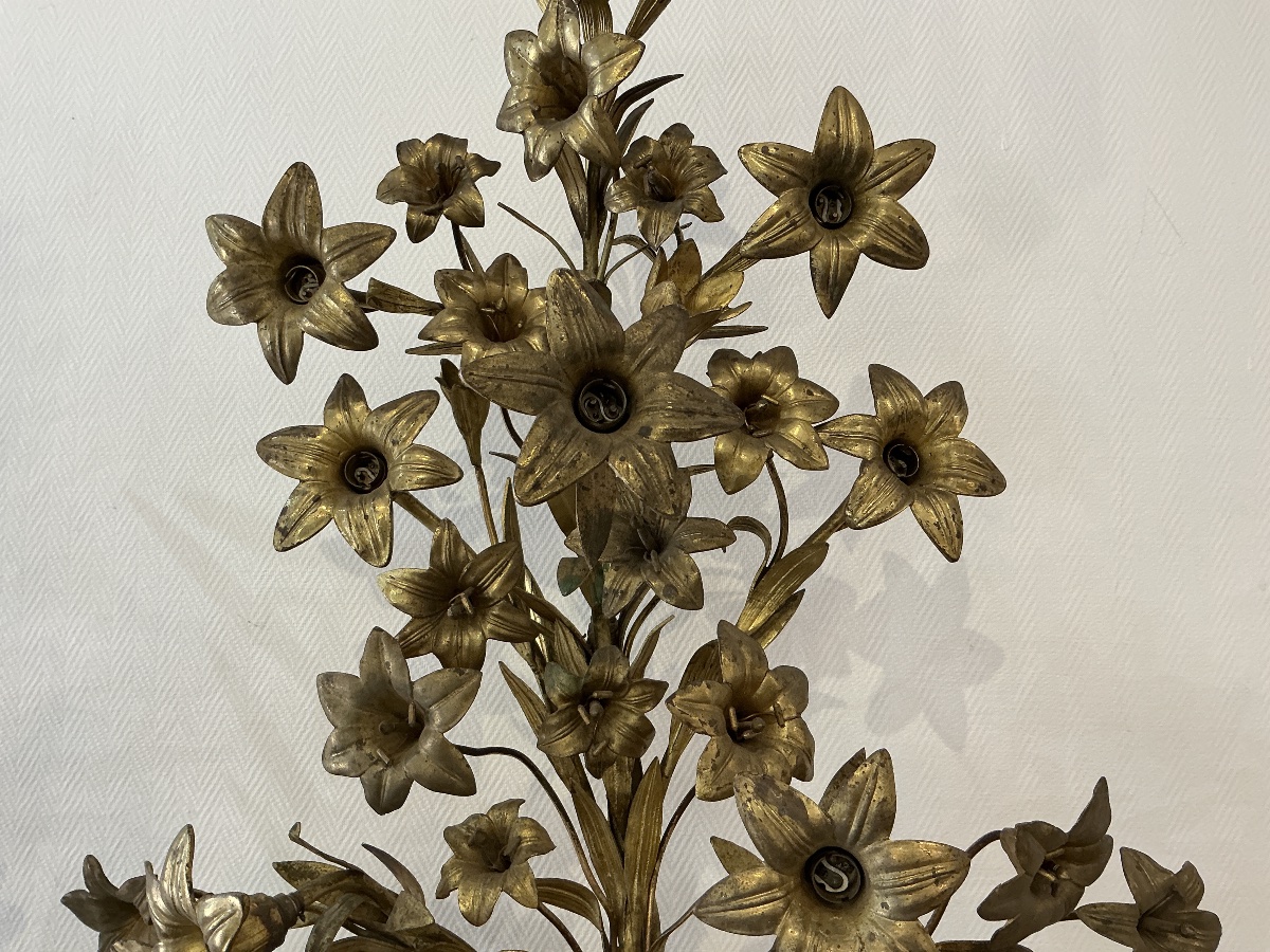 Paire de grands bouquets fleuris en laiton d’époque 19 ème -photo-1