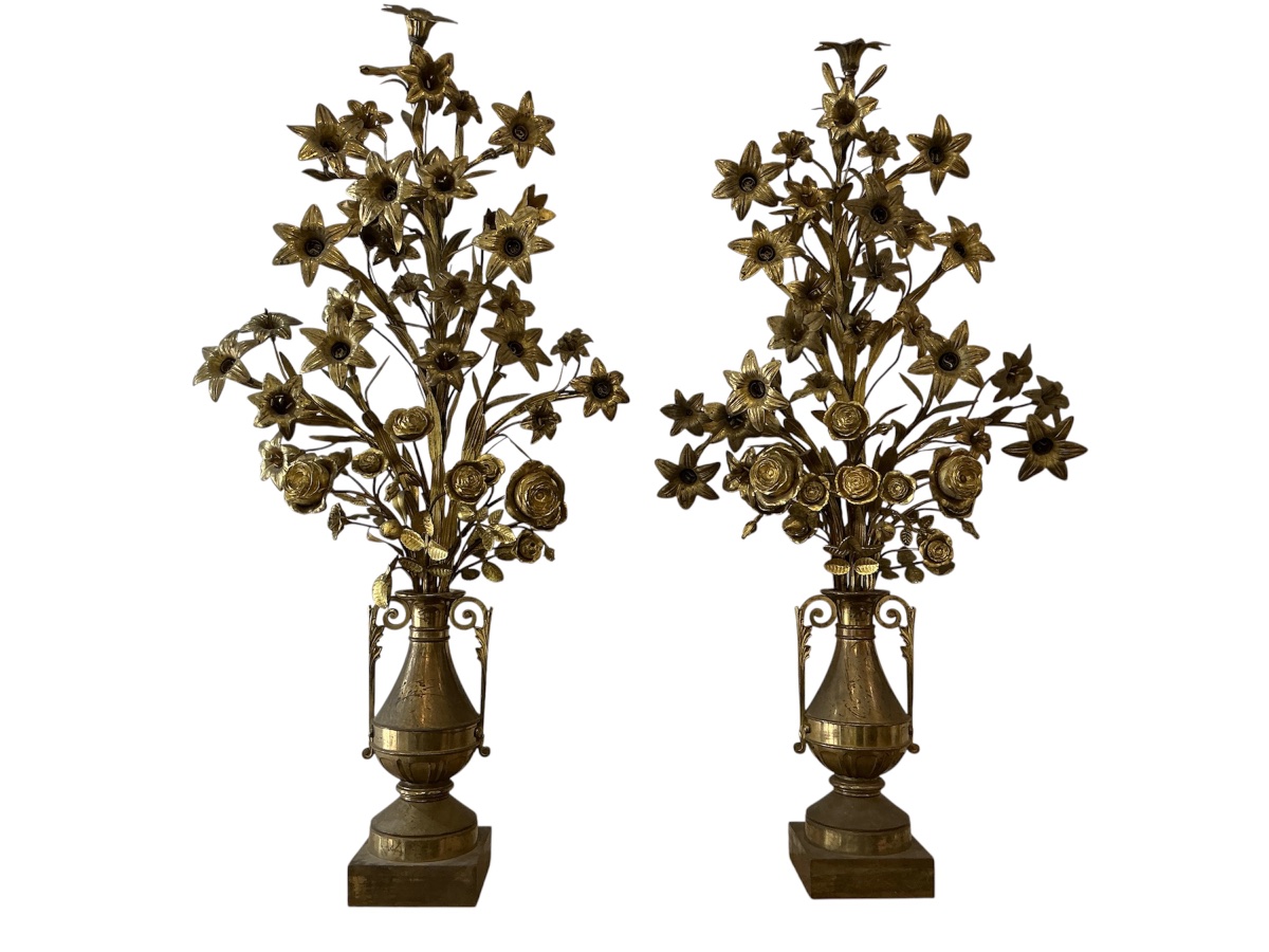 Paire de grands bouquets fleuris en laiton d’époque 19 ème -photo-2