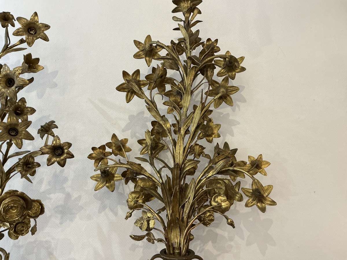 Paire de grands bouquets fleuris en laiton d’époque 19 ème -photo-3