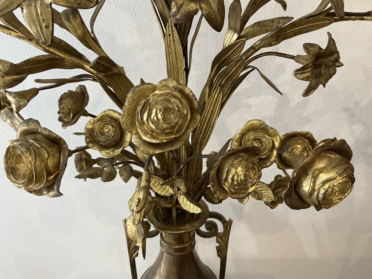 Paire de grands bouquets fleuris en laiton d’époque 19 ème -photo-5