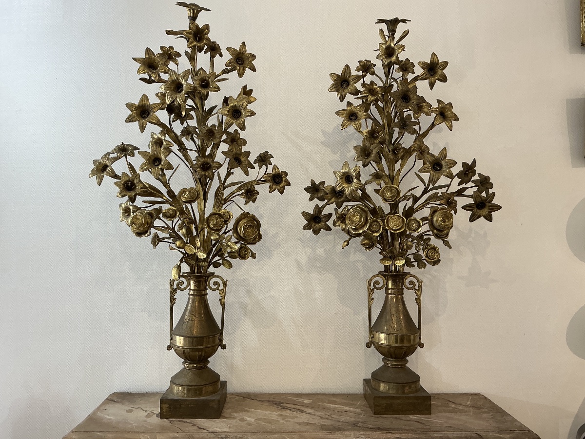 Paire de grands bouquets fleuris en laiton d’époque 19 ème -photo-7