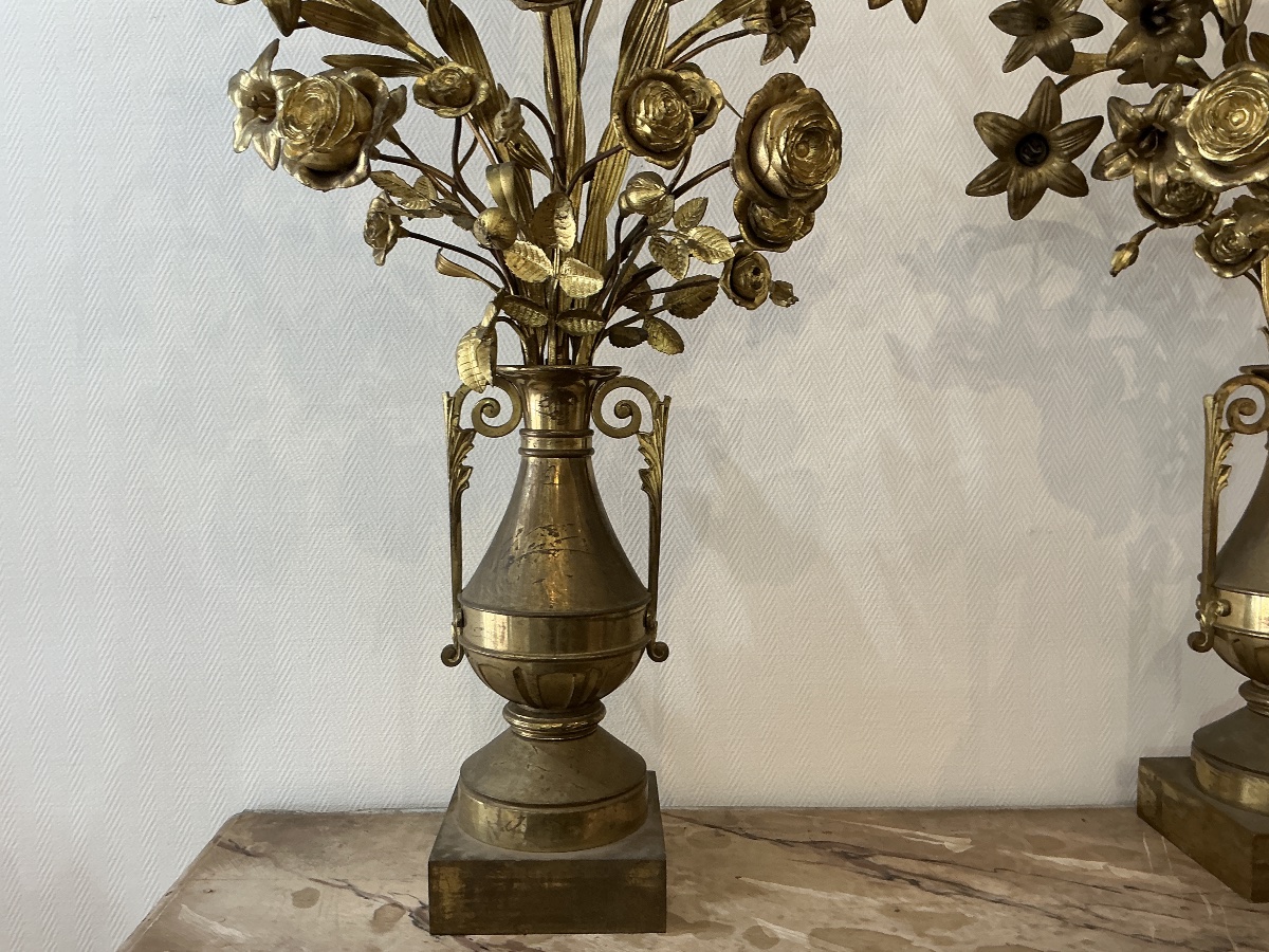 Paire de grands bouquets fleuris en laiton d’époque 19 ème -photo-8