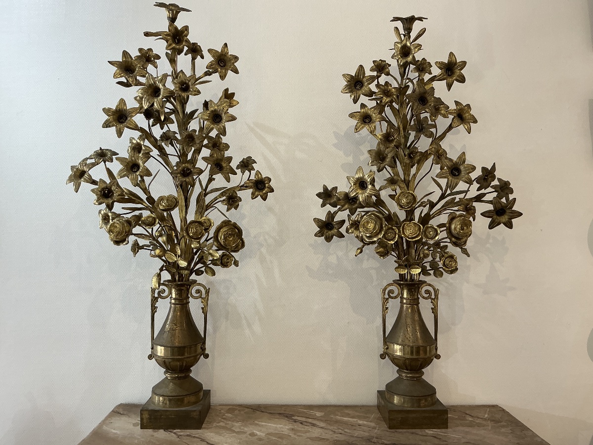 Paire de grands bouquets fleuris en laiton d’époque 19 ème 