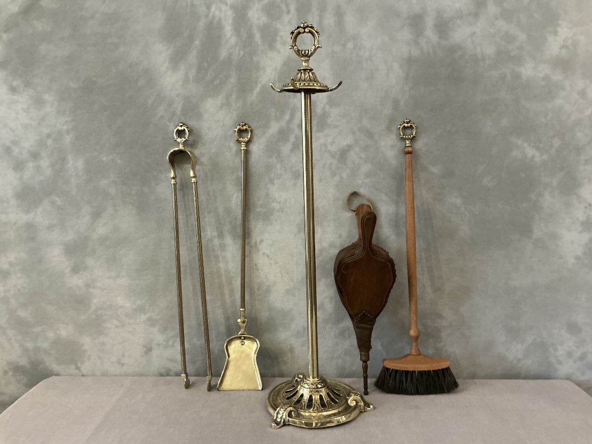 Antique 19th-century Brass Fireplace Set, 4 Pieces -photo-2