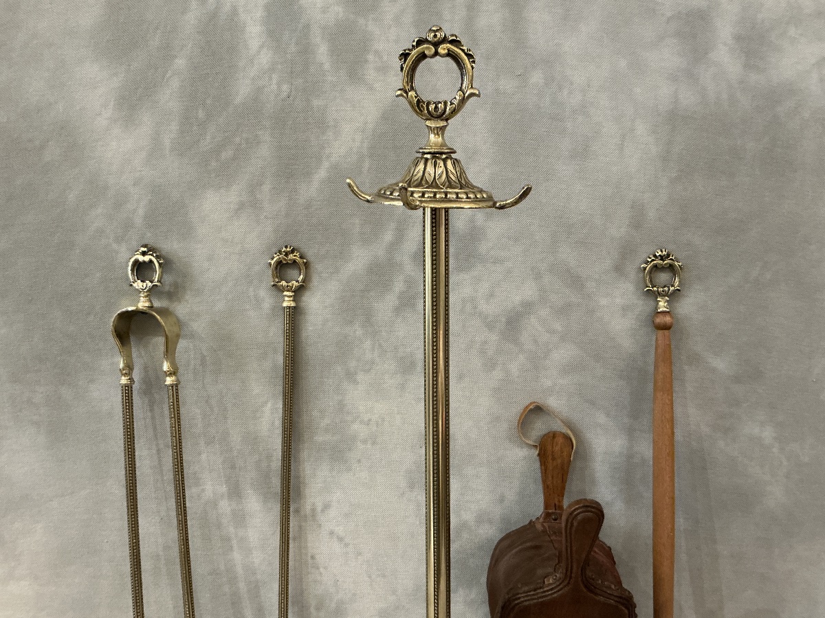 Antique 19th-century Brass Fireplace Set, 4 Pieces -photo-3