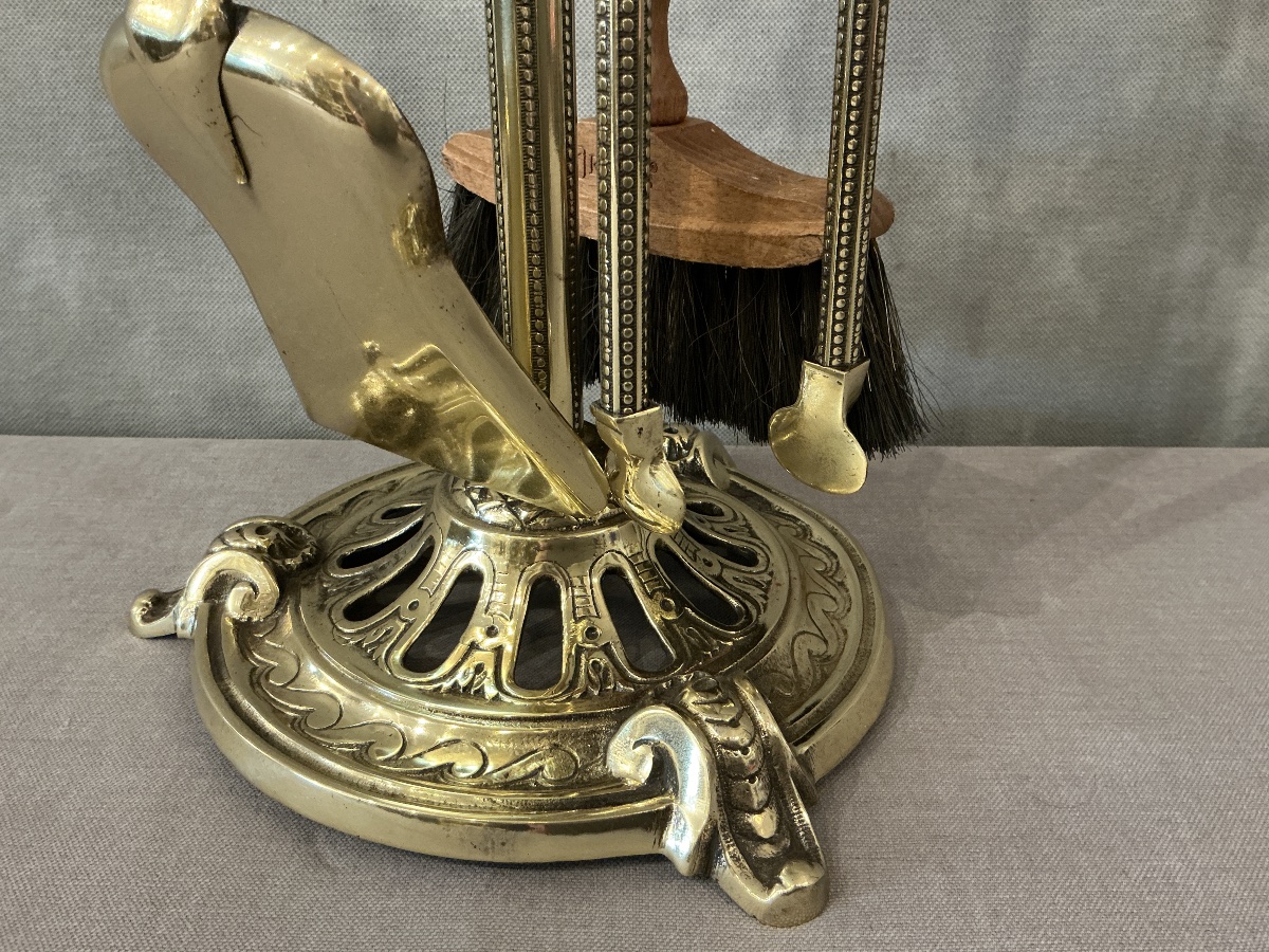 Antique 19th-century Brass Fireplace Set, 4 Pieces -photo-1
