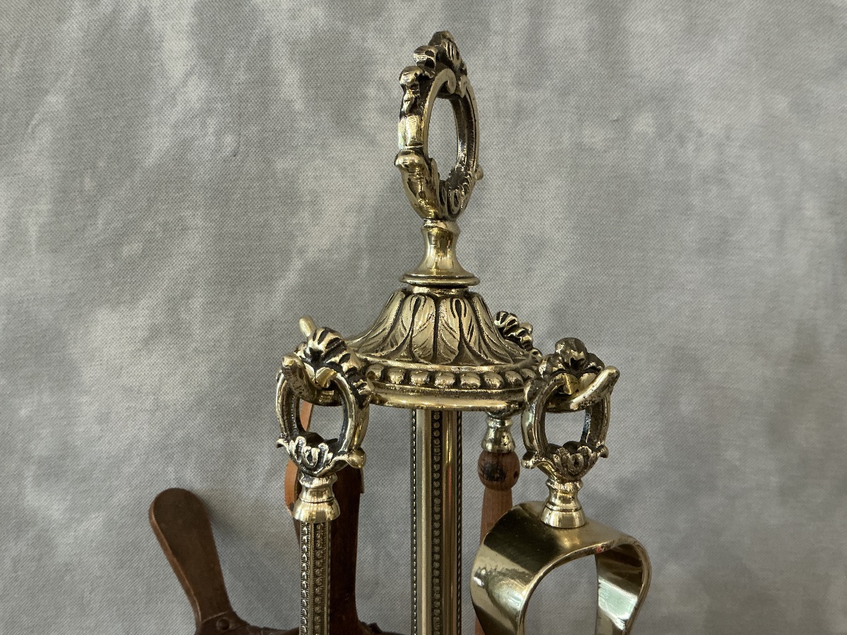 Antique 19th-century Brass Fireplace Set, 4 Pieces -photo-2