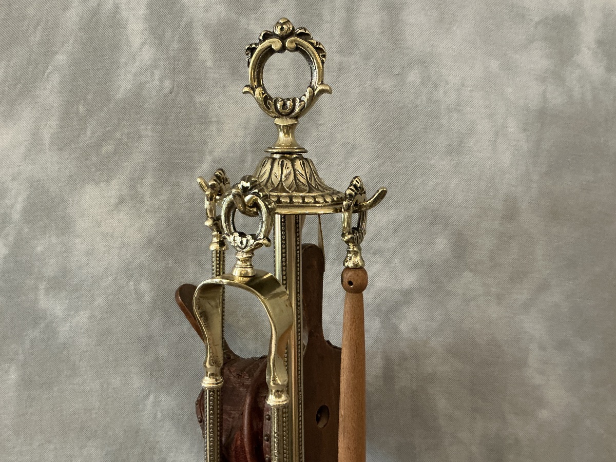 Antique 19th-century Brass Fireplace Set, 4 Pieces -photo-3
