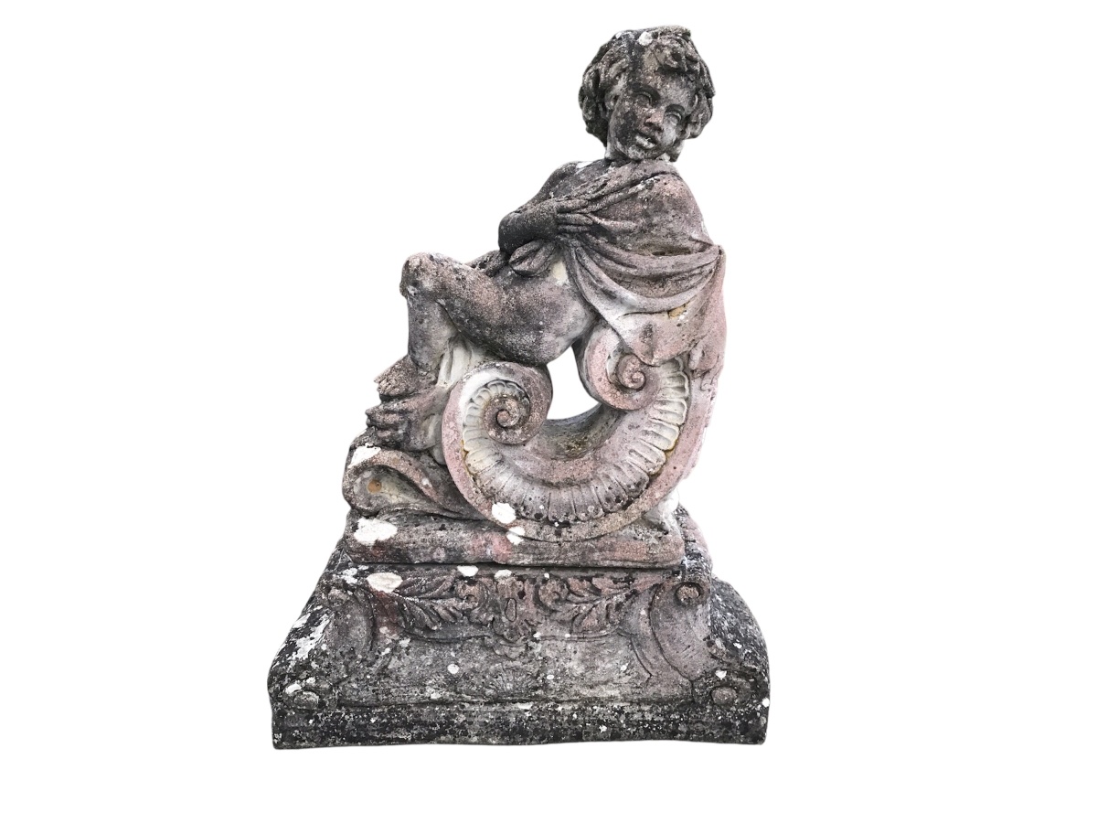 2 Reconstructed Stone Putti Statues On A 20th-century Pedestal -photo-4