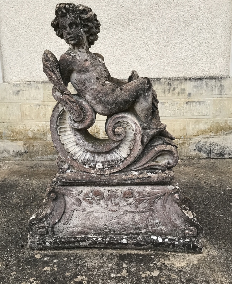 2 Reconstructed Stone Putti Statues On A 20th-century Pedestal -photo-2