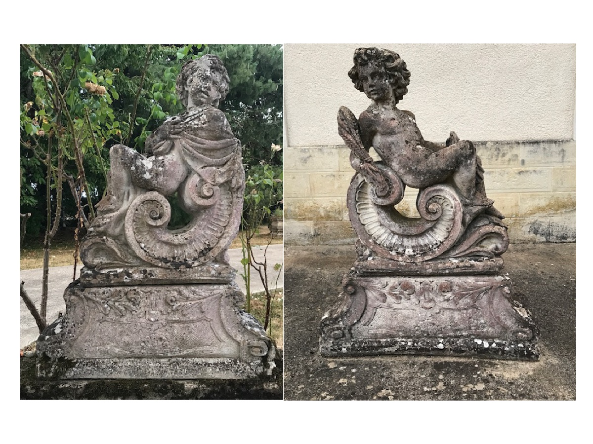 2 Reconstructed Stone Putti Statues On A 20th-century Pedestal -photo-3