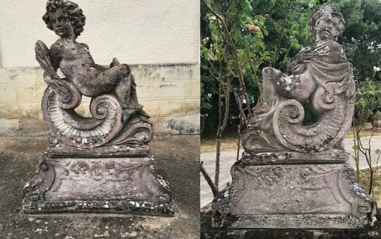 2 Reconstructed Stone Putti Statues On A 20th-century Pedestal 