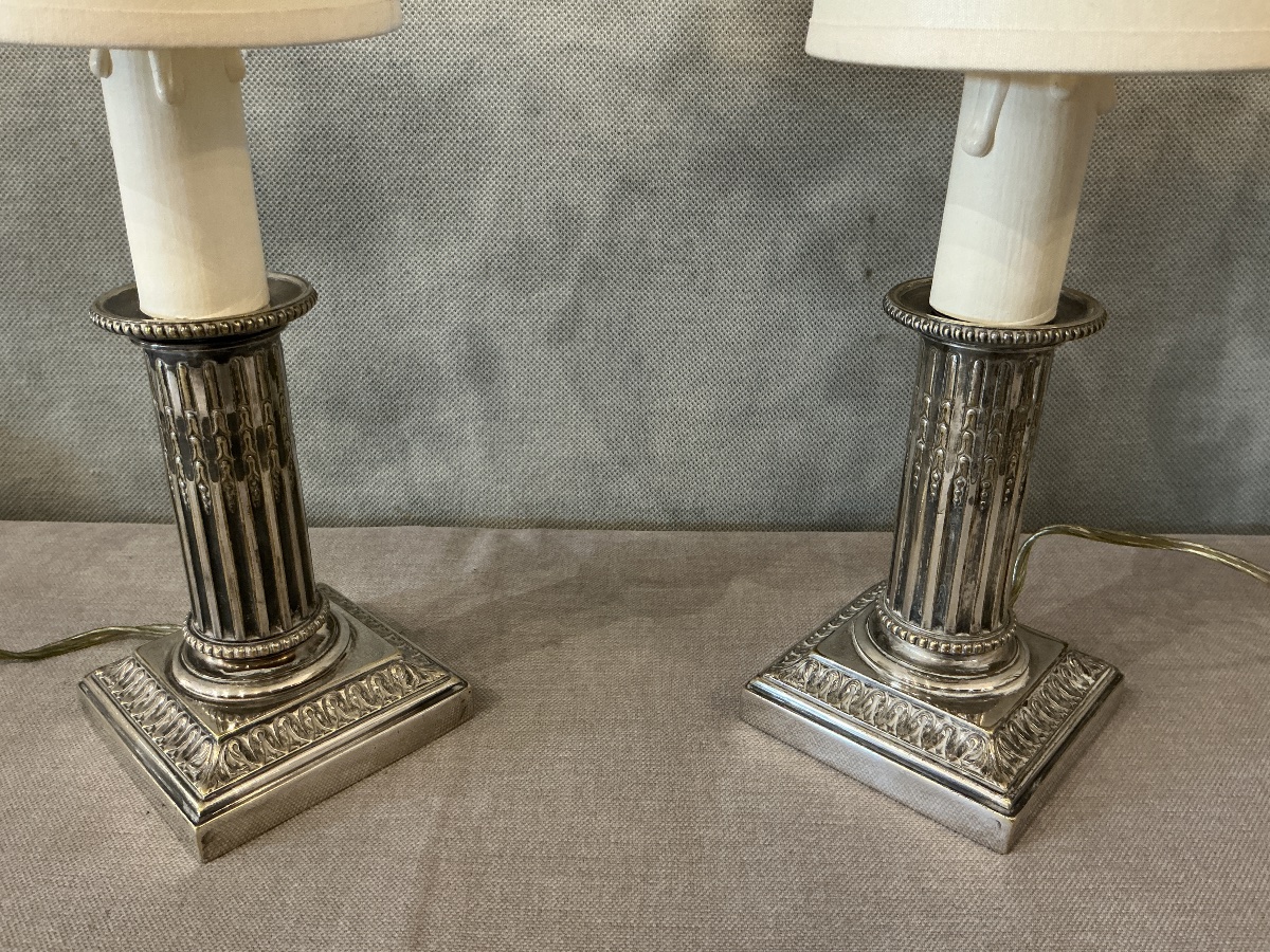 Paire de petites lampes en métal argenté de style Louis XVI début XX ème -photo-2