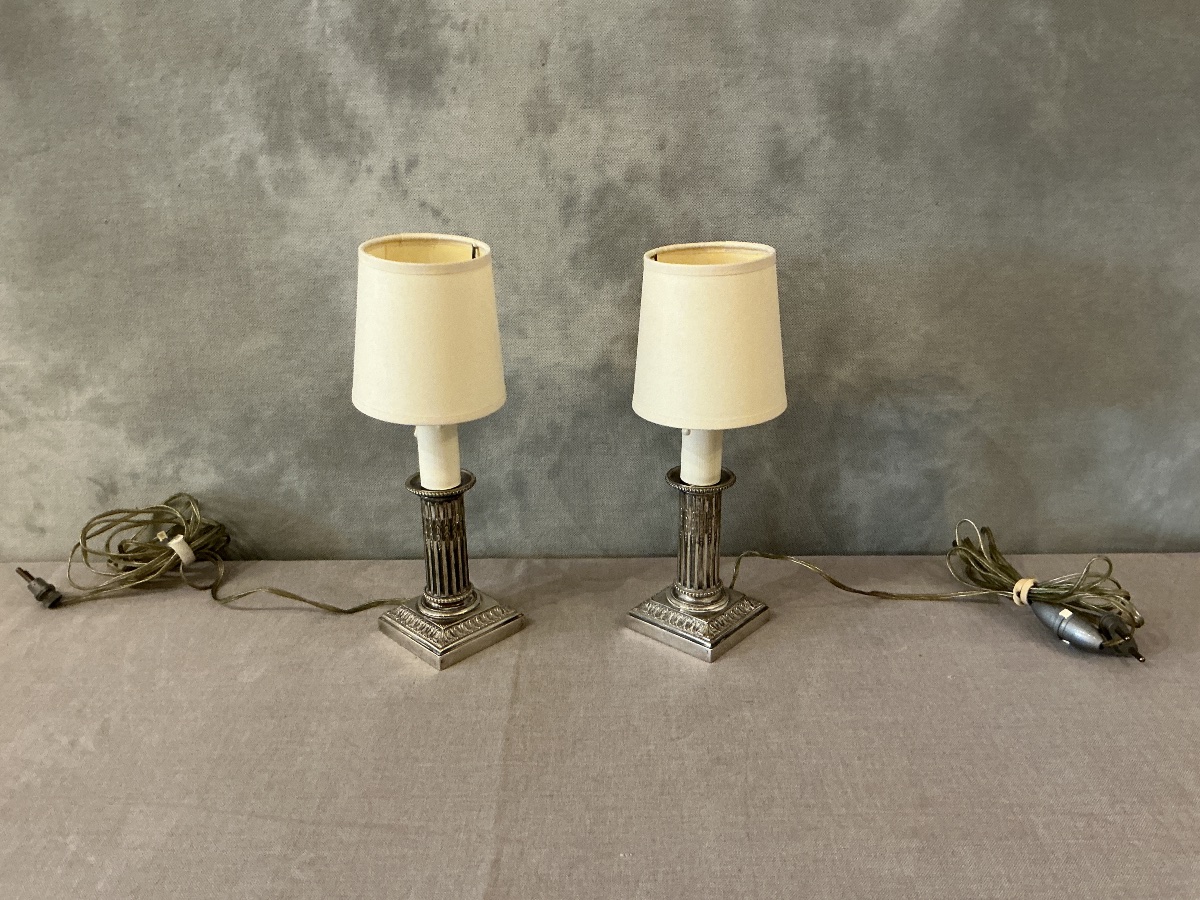 Paire de petites lampes en métal argenté de style Louis XVI début XX ème -photo-3