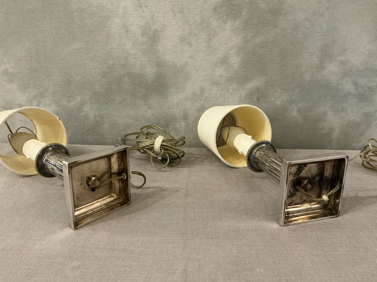 Paire de petites lampes en métal argenté de style Louis XVI début XX ème -photo-4