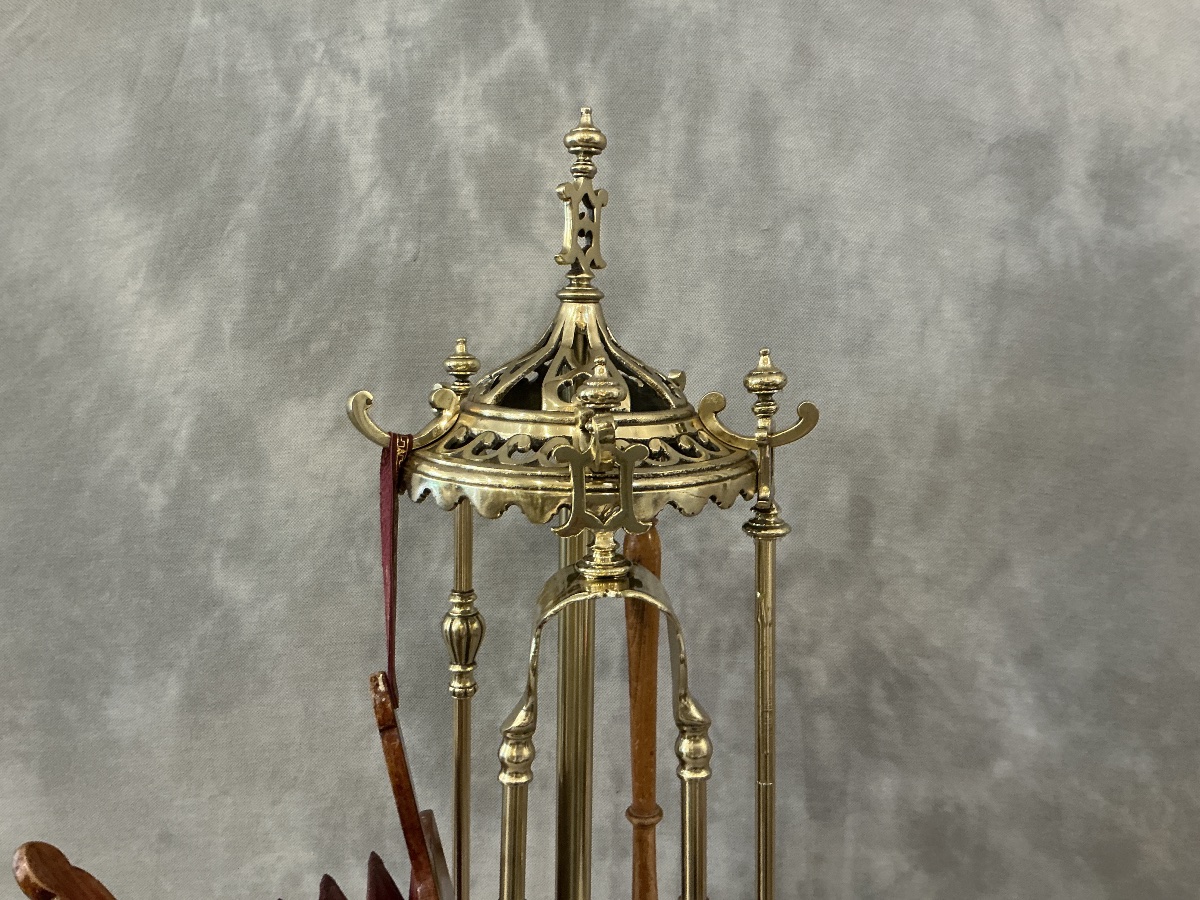 Large Antique 5-piece Brass Fireplace Set From The 19th Century -photo-2