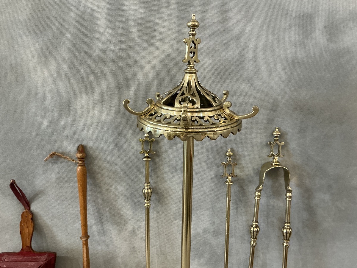 Large Antique 5-piece Brass Fireplace Set From The 19th Century -photo-4