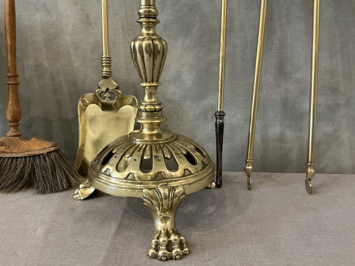 Large Antique 5-piece Brass Fireplace Set From The 19th Century -photo-1