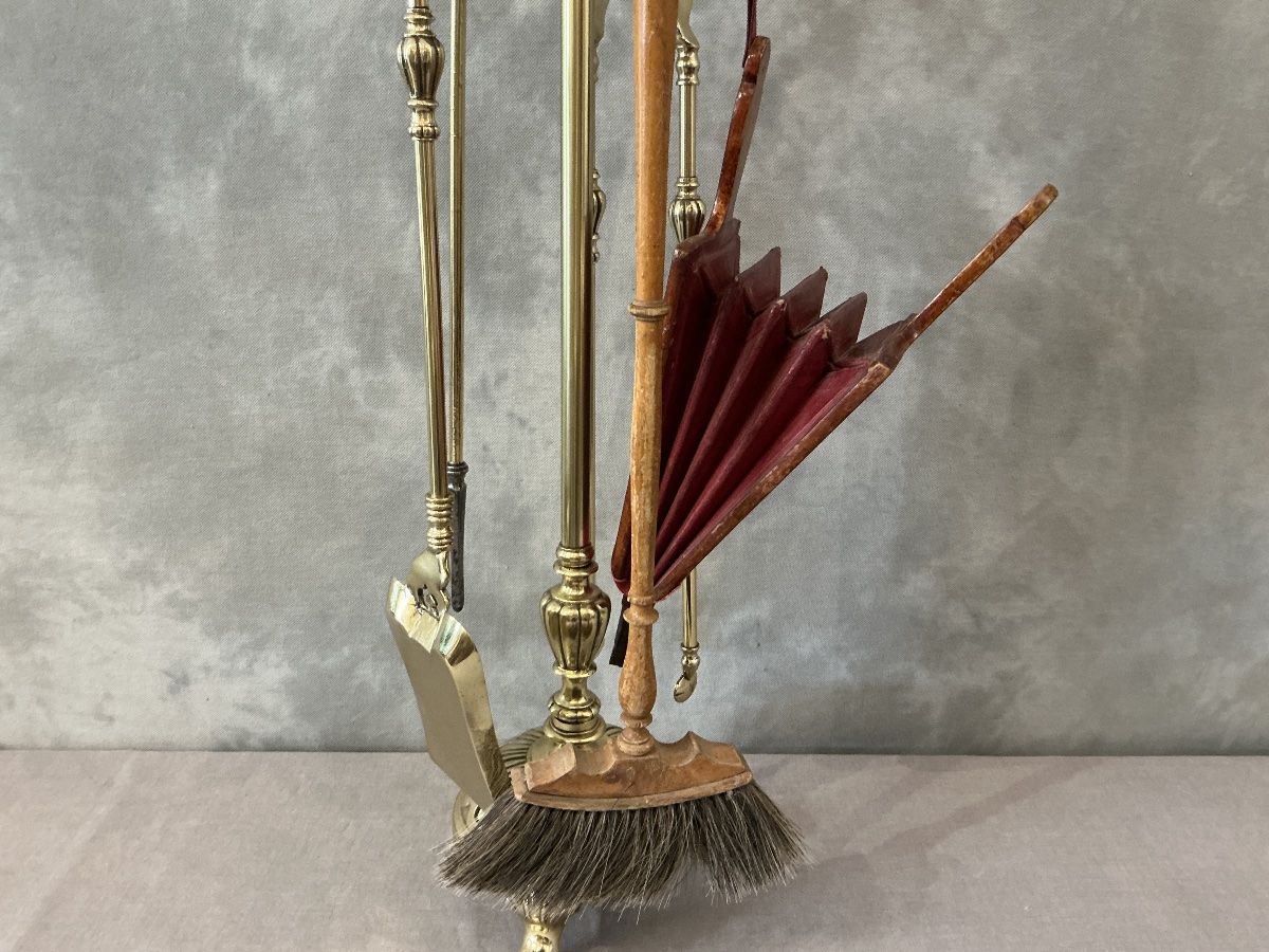 Large Antique 5-piece Brass Fireplace Set From The 19th Century -photo-4