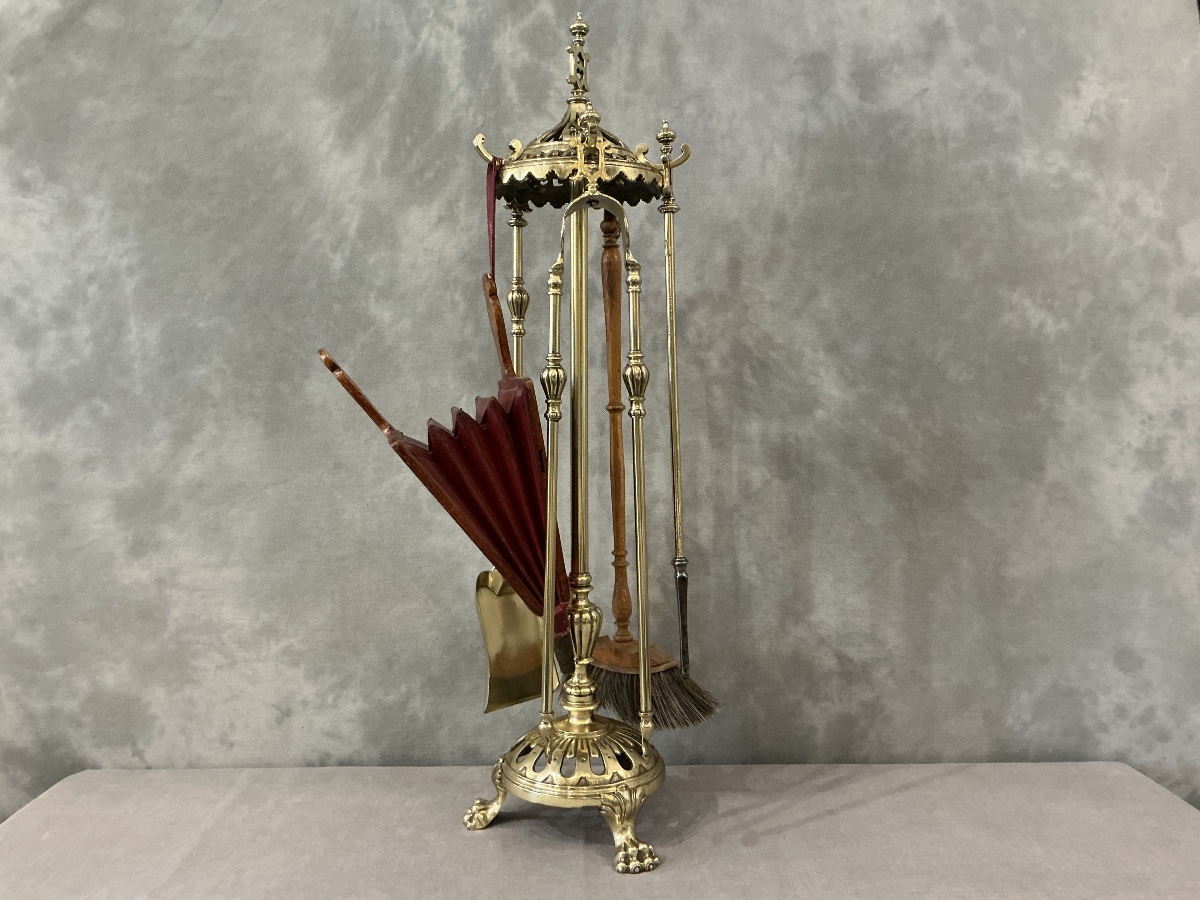Large Antique 5-piece Brass Fireplace Set From The 19th Century 