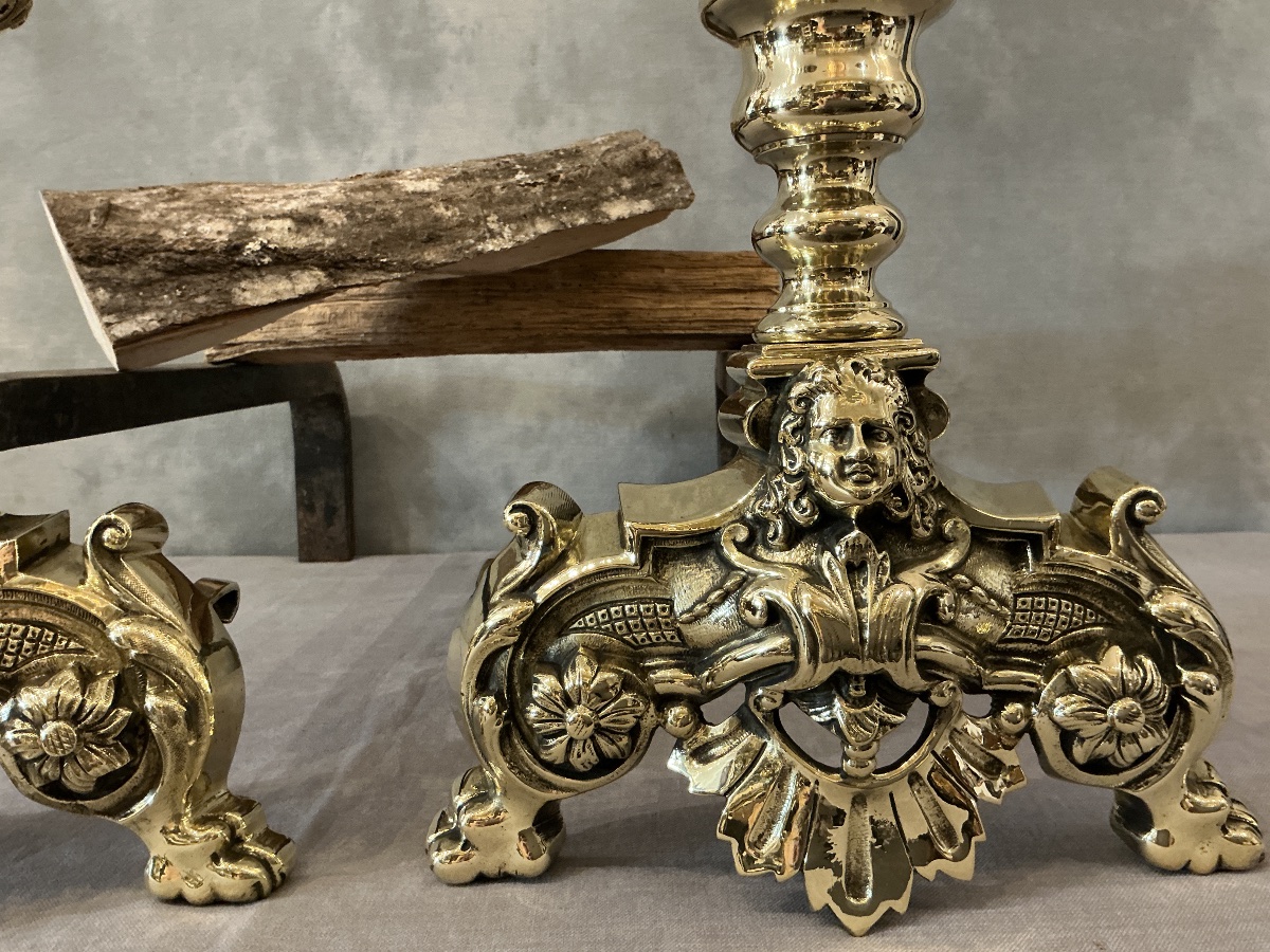 Beaux chenets  anciens en laiton d’époque 19 ème fleurs de lys -photo-3