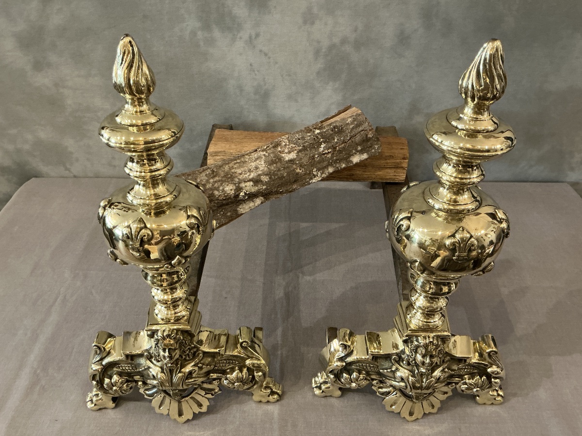 Beaux chenets  anciens en laiton d’époque 19 ème fleurs de lys -photo-4