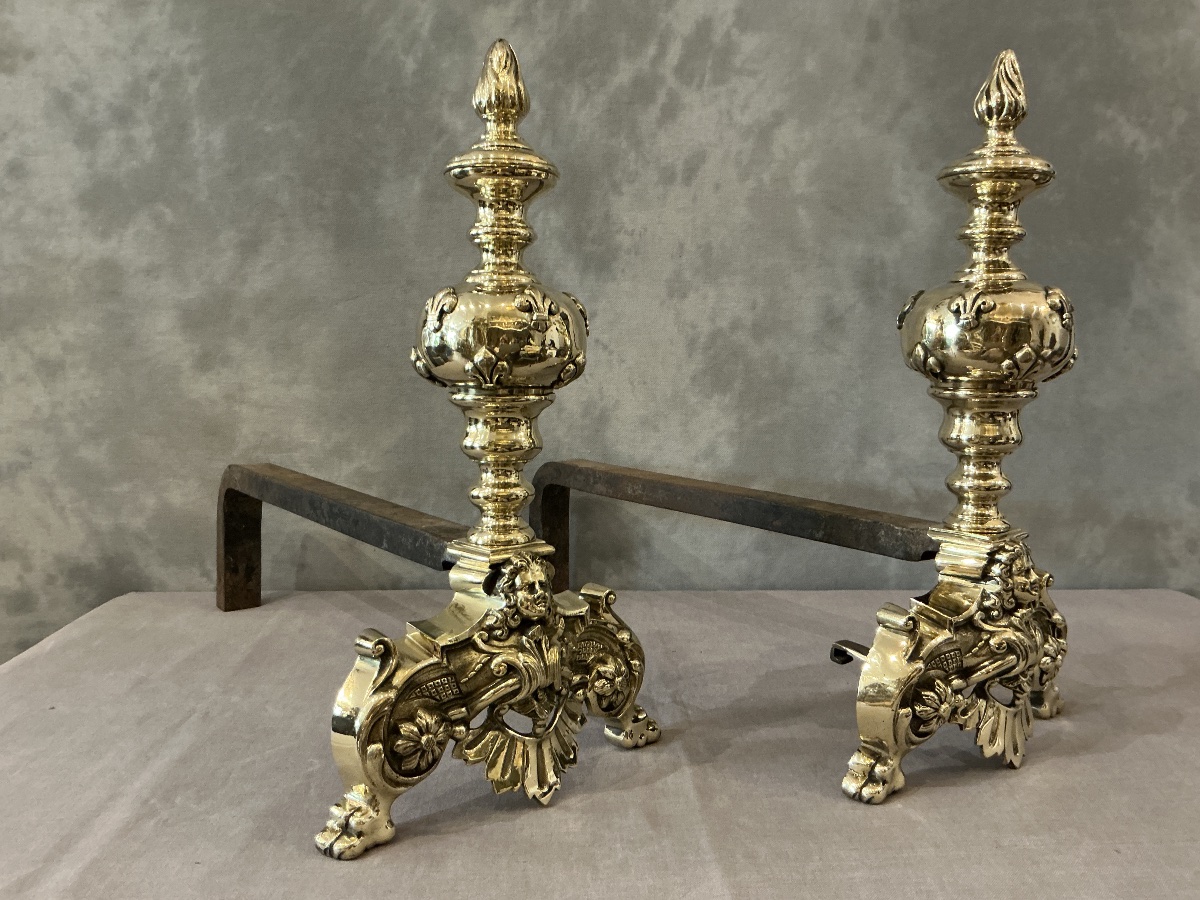 Beaux chenets  anciens en laiton d’époque 19 ème fleurs de lys -photo-2