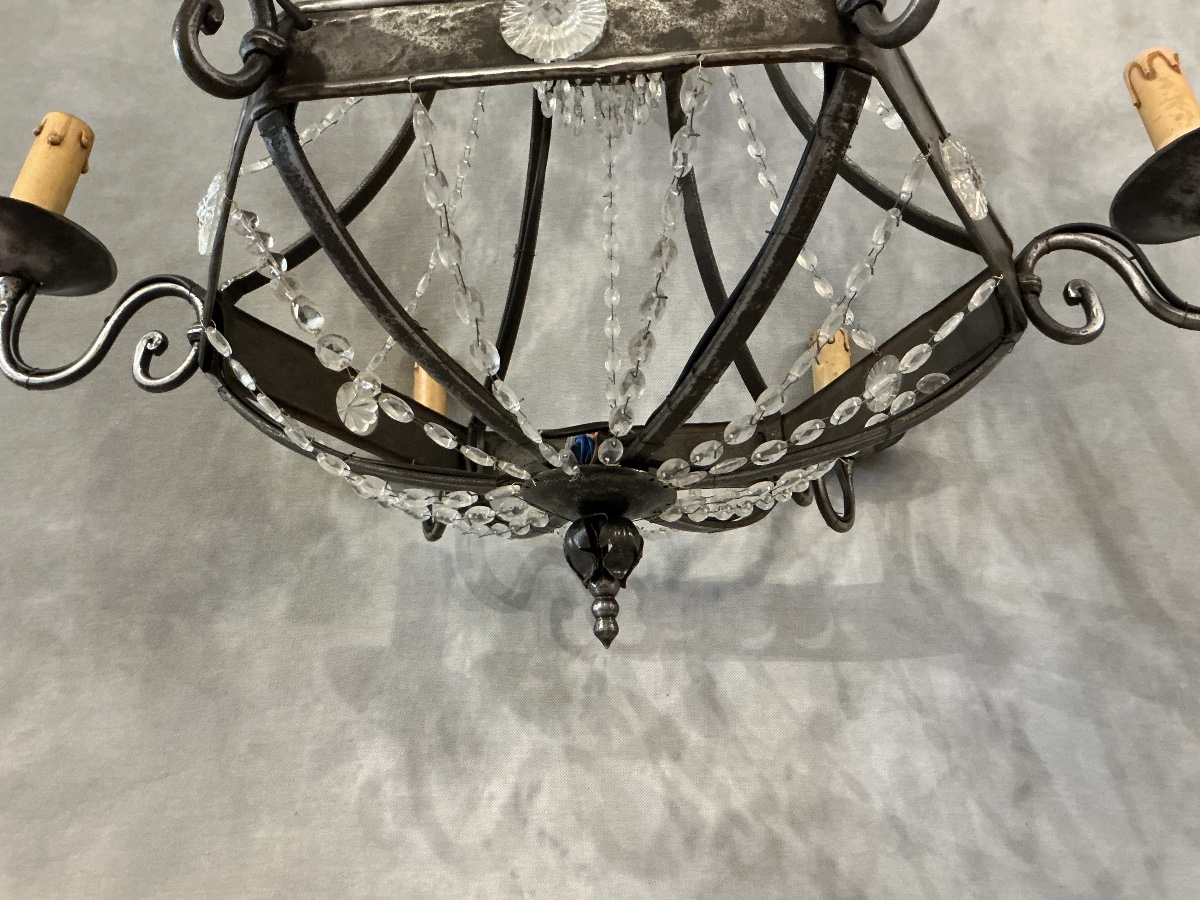 Lustre ancien en fer poli et guirlandes de cristaux d époque fin 19 ème -photo-1