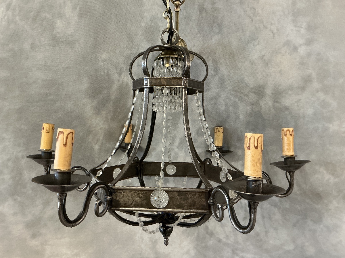 Lustre ancien en fer poli et guirlandes de cristaux d époque fin 19 ème 