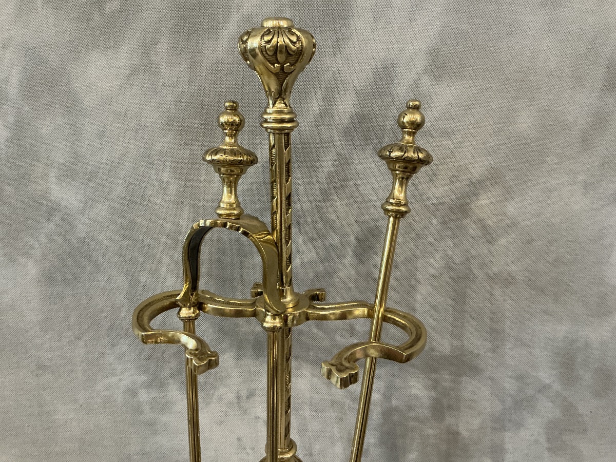 Serviteur de cheminée ancien en laiton et bronze d’époque fin 19 ème de style Louis XVI -photo-3