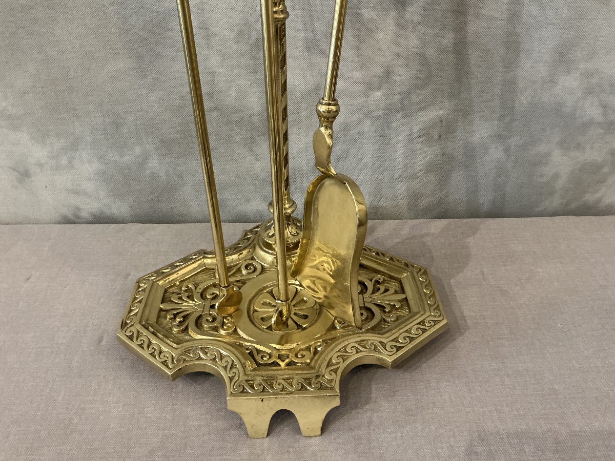 Serviteur de cheminée ancien en laiton et bronze d’époque fin 19 ème de style Louis XVI -photo-4