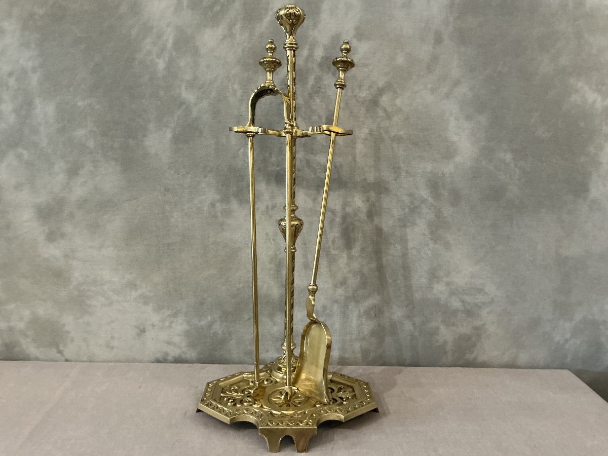 Serviteur de cheminée ancien en laiton et bronze d’époque fin 19 ème de style Louis XVI 