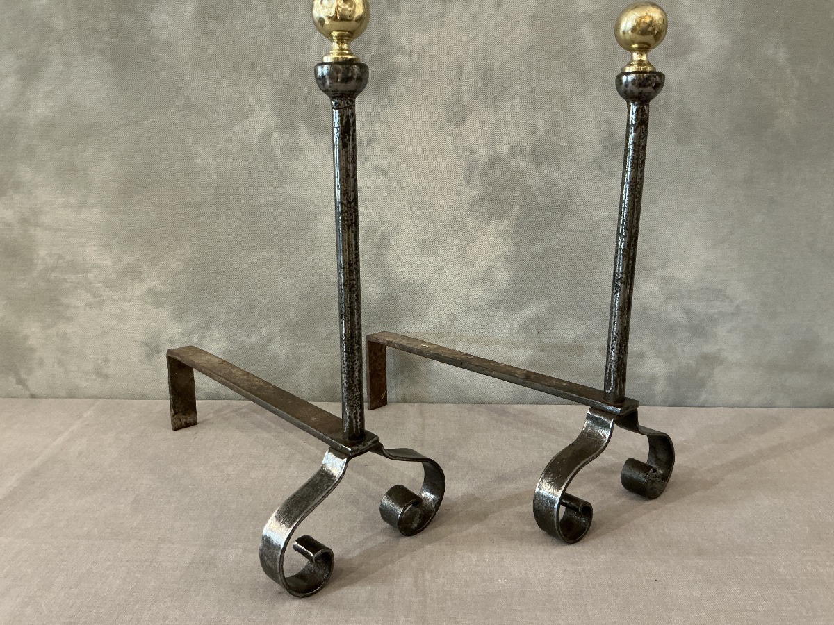 Paire de chenets anciens en fer et laiton d’époque 19 ème -photo-2