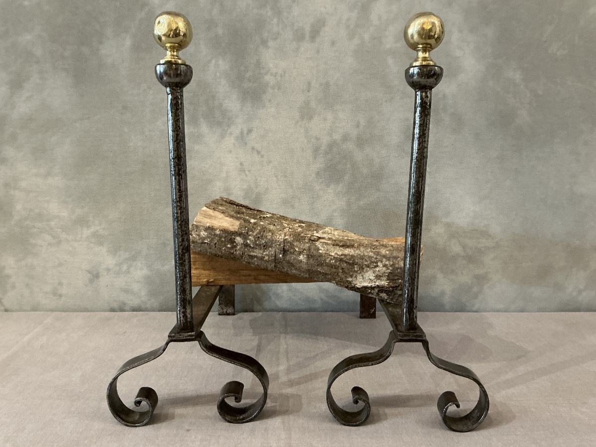 Paire de chenets anciens en fer et laiton d’époque 19 ème -photo-3
