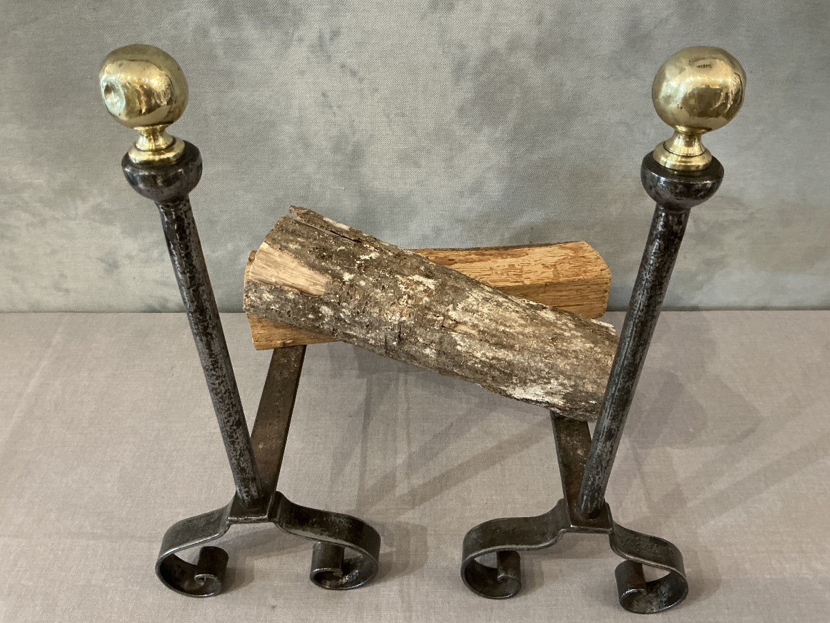 Paire de chenets anciens en fer et laiton d’époque 19 ème -photo-4