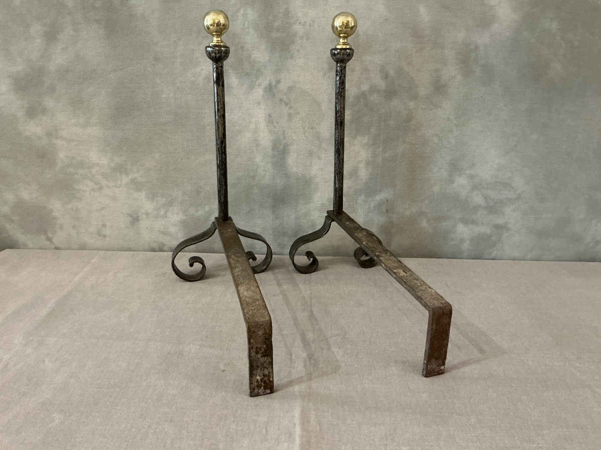 Paire de chenets anciens en fer et laiton d’époque 19 ème -photo-1