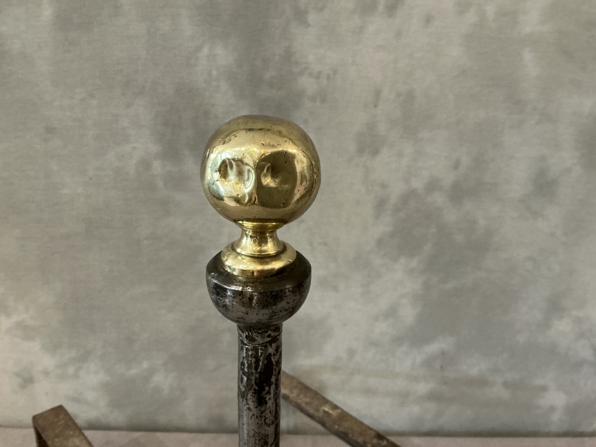 Paire de chenets anciens en fer et laiton d’époque 19 ème -photo-2