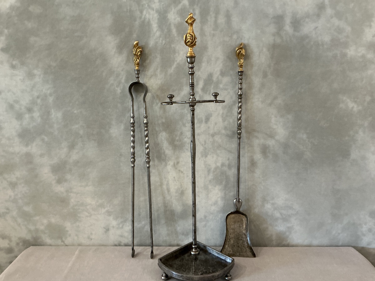 Serviteur de cheminée ancien en fer et bronze doré d’époque 19 ème -photo-2