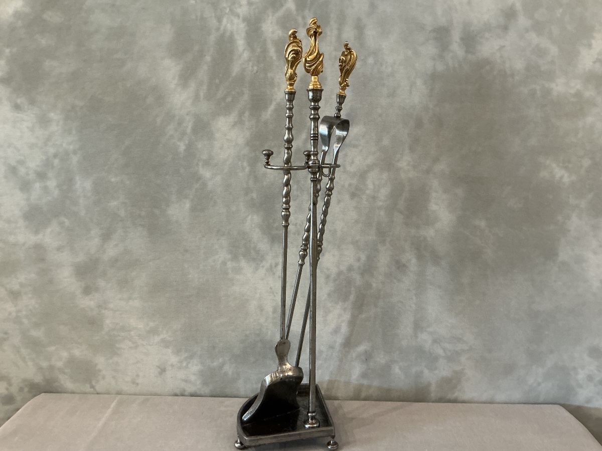 Serviteur de cheminée ancien en fer et bronze doré d’époque 19 ème -photo-4